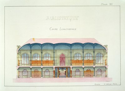 Sezione trasversale di una Biblioteca, tavola XV da un folio di disegni, c.1870 da H. Monnot